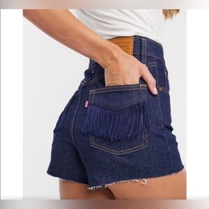 RARE Levi’s Ribcage Fringe Tassel Rear Pocket High Waisted Denim Cut Off Retro